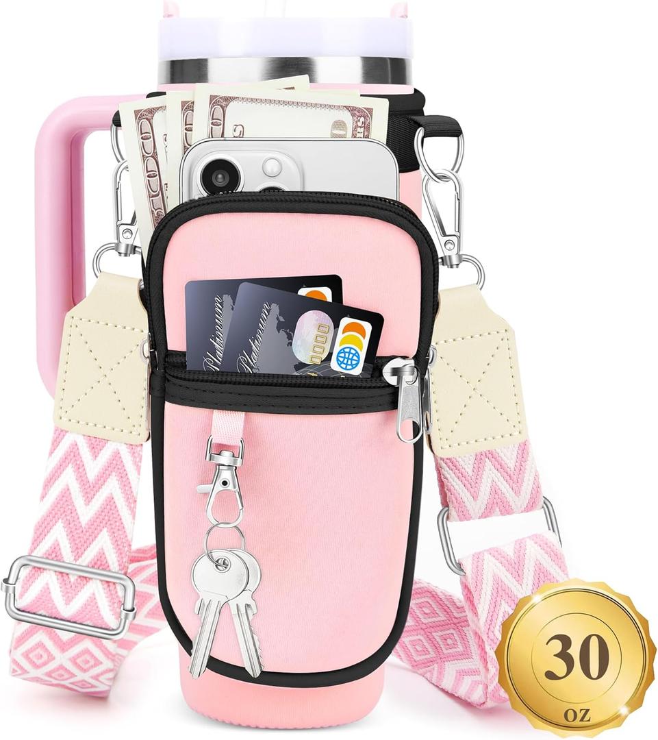Water Bottle Carrier Bag with Strap for Stanley 40/30 oz Tumbler with Handle, Water Bottle Holder Pouch with Phone Pocket for Stanley Cup Accessories, fit Walking Hiking Travel (Pink&Black)