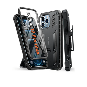 FNTCASE for iPhone 12-Pro-Max Phone Case: with Built-in Screen Protector & Kickstand & Belt-Clip Holster, Full-Body Dual Layer Rugged Military Shockproof Protective Cover-Black