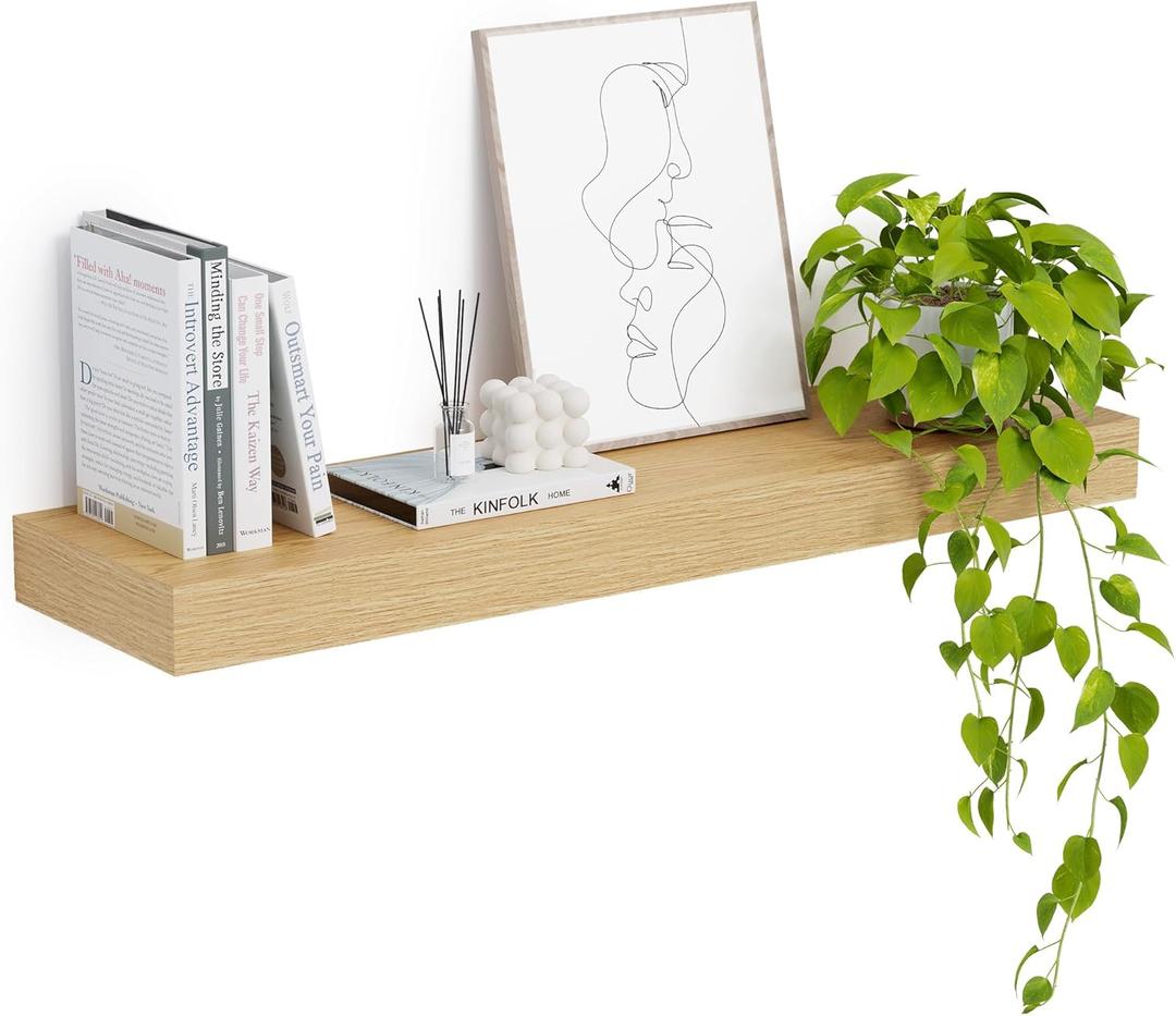 12" Deep Floating Shelves, 36 x 12 Inch Wall Mounted Long Floating Shelf with Invisible Brackets, for Home Decor, Bedroom, Kitchen, Living Room, Bathroom - 1 Pack, Oak