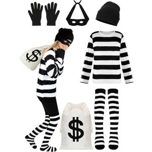 QZYL Kids Robber Cosplay Set, Black and White Striped Shirt Beanie Cap Bag Mask Socks Set for Halloween Cosplay Burglar (Small)