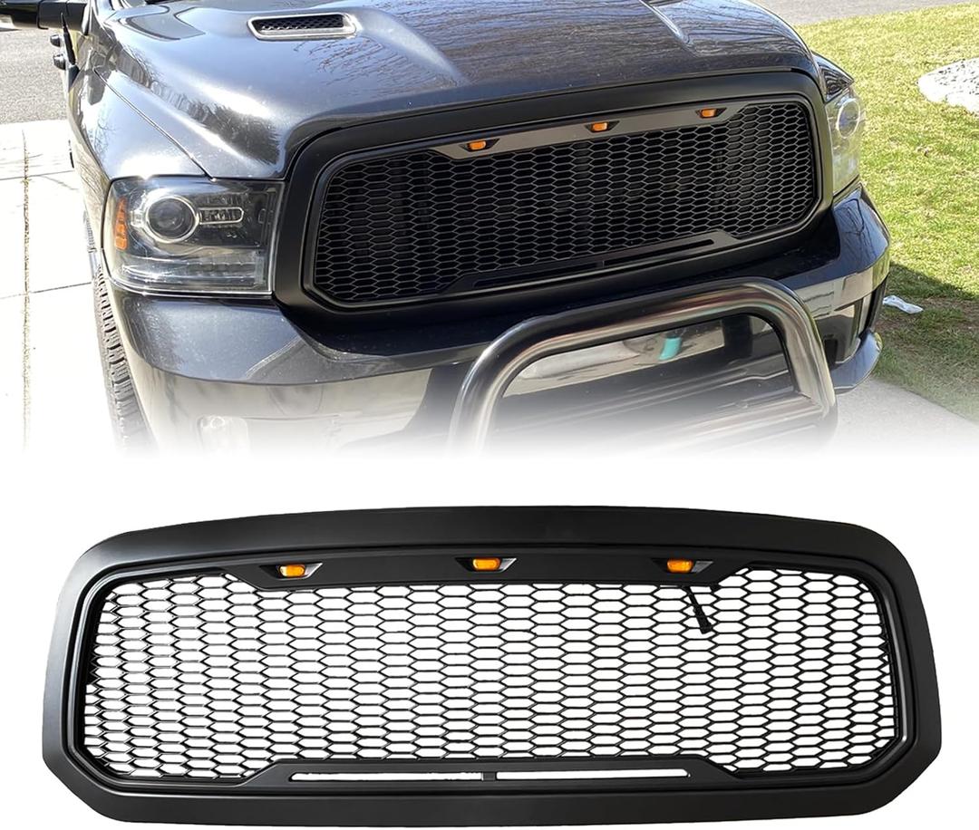 Front Bumper Grille For Dodge Ram 1500 2013-2018 Matte Black ABS Honeycomb Bumper Grill with Amber LED Lights