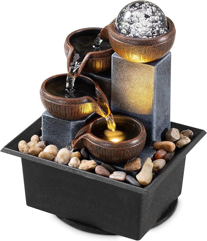 Tabletop Fountain 4 Level Tabletop Waterfall Indoor Meditation Fountain Office Home Relax Desktop Waterfall Pool Includes Many Natural River Rocks LED Lights Fixed Decorative Bubble Ball1