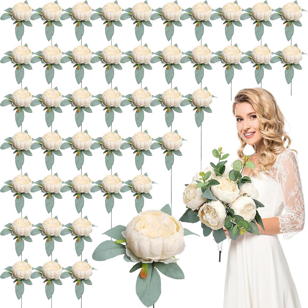 Artificial Peonies Flowers Bulk, 50Pcs 4 Champagne Peonies Faux Silk Peony Heads for Table, Fake Flowers Arrangements for Wedding, Valentine, Engagement, Office, Coffee, Dining Decorations