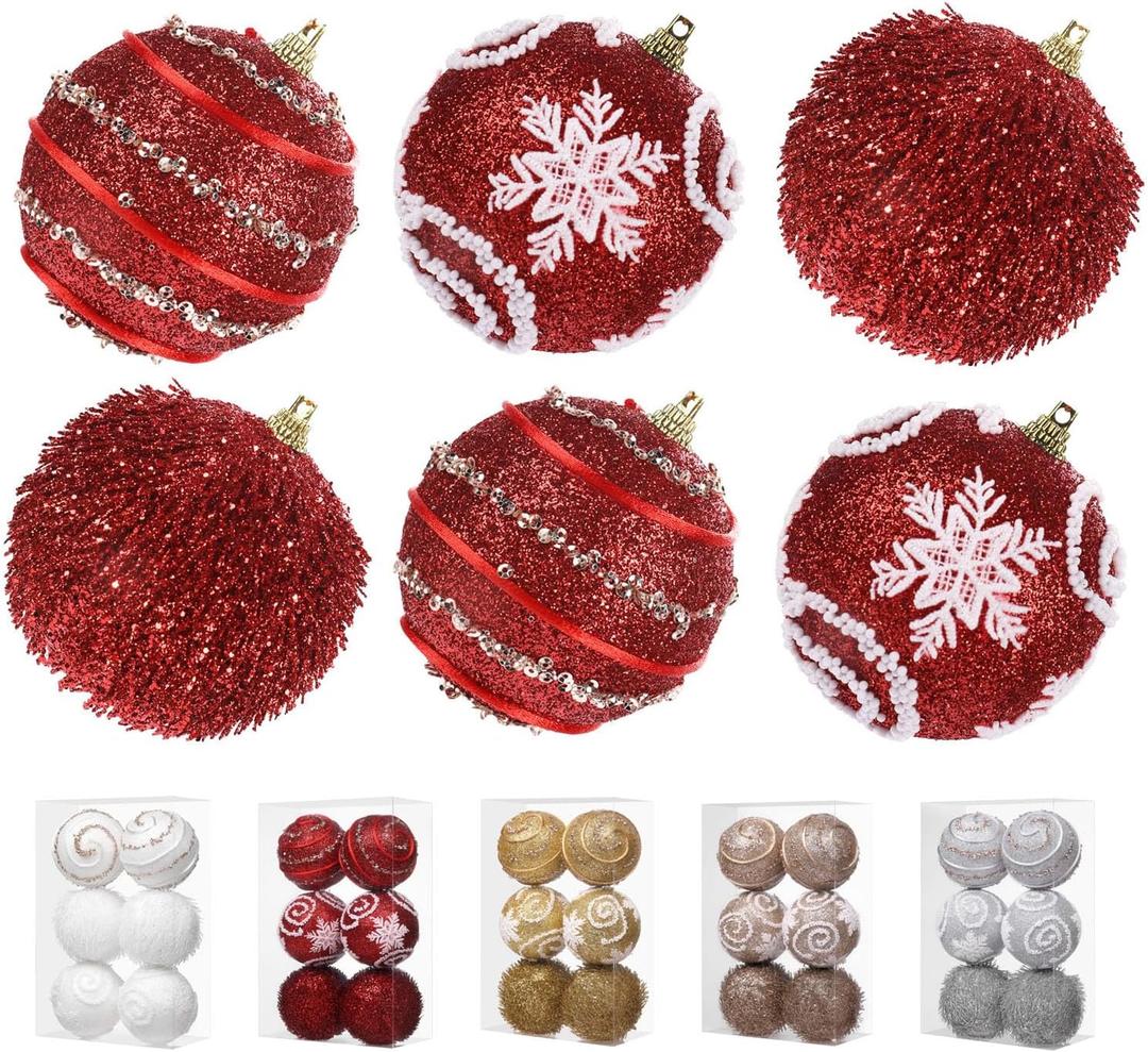 3.15" Large Christmas Ball Ornaments Glitter Shatterproof Ornaments for Christmas Tree Large Sequin Plastic Hanging Big Christmas Ball Ornaments, 6Pcs 80mm (Red)
