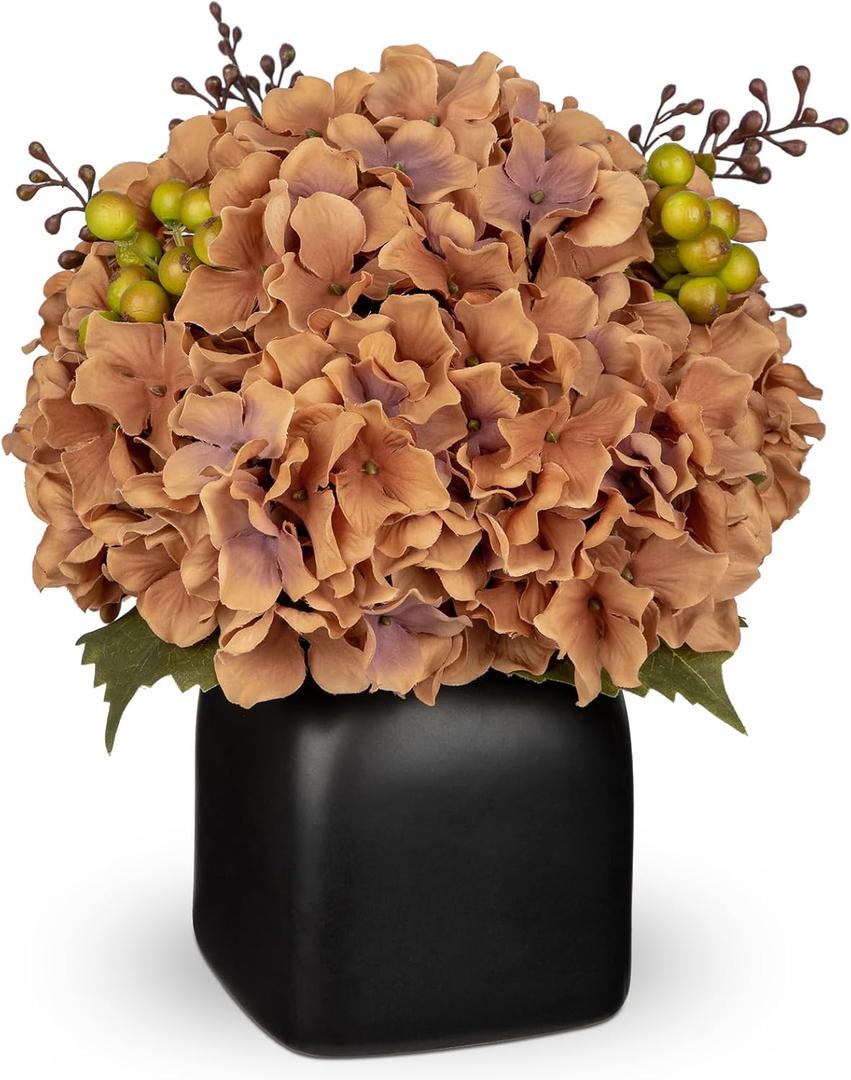 Briful Hydrangea Artificial Flowers in Black Square Ceramic Pot, Brown Silk Hydrangea Flowers Realistic Potted Fake Flowers with Berries for Home Decor Indoor Wedding Table Centerpieces