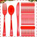 300 Pcs Red Plastic Silverware, Red Plastic Utensils, Disposable Cutlery Heavy Duty, 100 Forks, 100 Spoons, 100 Knives for Birthday, BBQ, Christmas