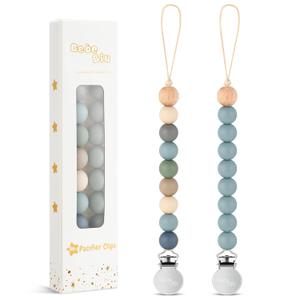2 Pack Pacifier Clips, Silicone Pacifier Clip for Baby Boys and Girls, Baby Pacifier Strap with Silicone Beads, Soother Dummy Holder, Pacifier Holder, Keeps Pacifier Clean (Wilderness/Ether)
