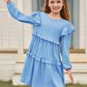 Haloumoning Girls Long Sleeve Dress Kids Ruffle Babydoll Dress Casual Party Swing Dresses 5-14 Years