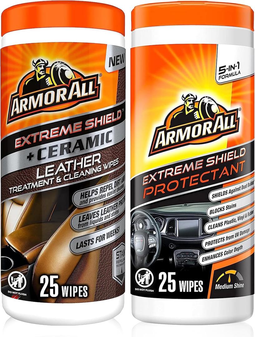 Armor All Ceramic Car Leather Cleaning Wipes, Use on Heated Seats and Leather Surfaces, Includes Extreme Protectant Wipes - 2 Count