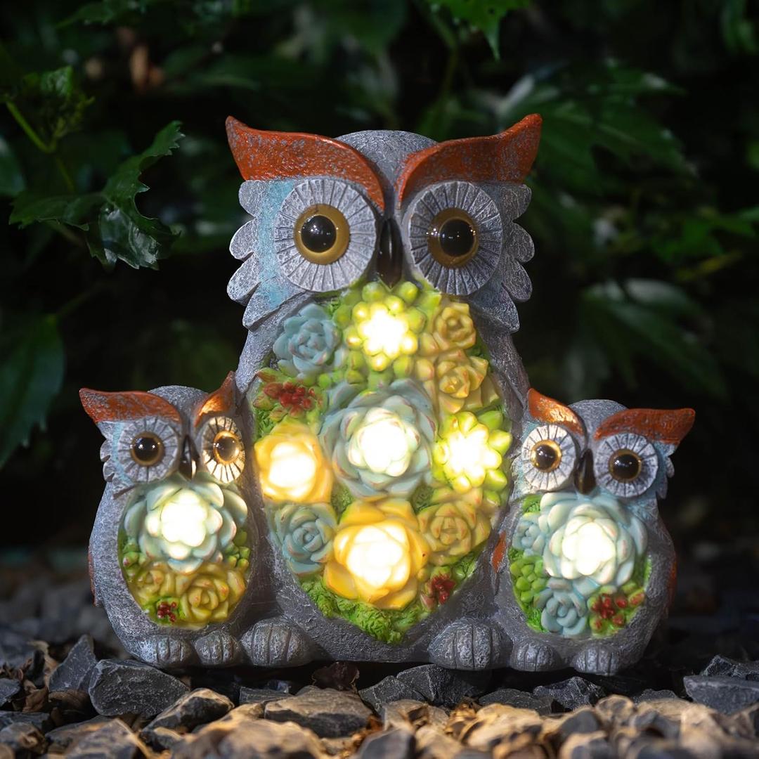 Owl Garden Outdoor Statue, Solar Figurine LED Lights, Succulent Plants Garden Decorations for Porch Patio Yard Lawn, Unique Gifts for Friends and Family