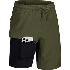 MAGCOMSEN Men's Swim Trunks with Compression Liner 9" Quick Dry Beach Shorts with Zipper Pockets (36, Army Green)
