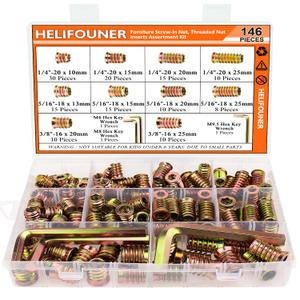 1/4-20, 5/16-18, 3/8-16 Threaded Inserts, Wood Inserts, Steel Threaded Inserts for Wood Furniture Screw, HELIFOUNER 143 Pieces 1/4"-20, 5/16"-18, 3/8"-16 Threaded Inserts Kit with Hex Wrench