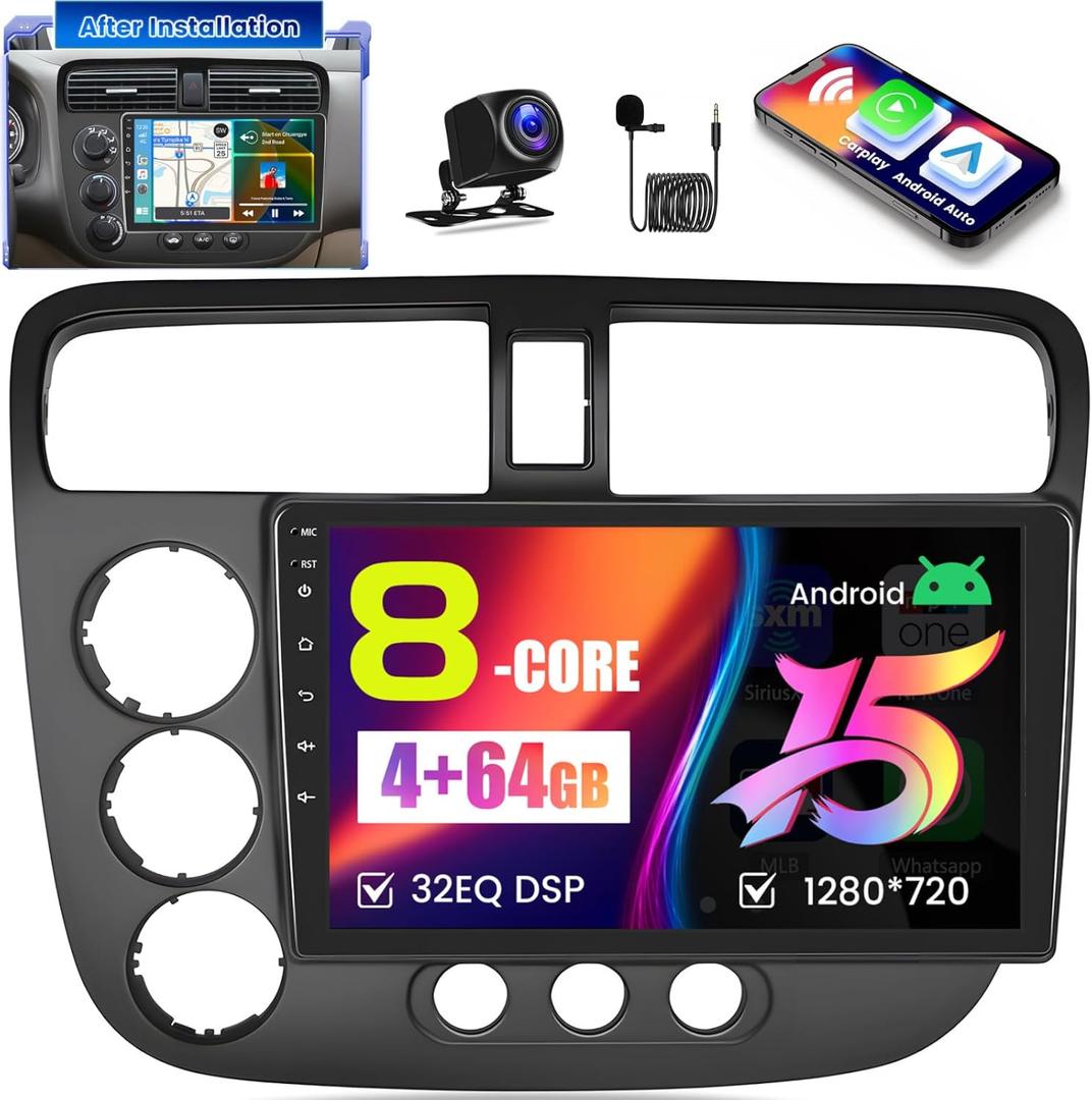 [8-Core 4+64G] for Honda Civic Radio 2001-2005 Android 15 Car Stereo, Hikity 9‘’ Touchscreen Radio DSP 5G WiFi Wireless Carplay Android Auto 1280 * 720P Bluetooth GPS 32EQ/ FM/ RDS SWC Backup Cam