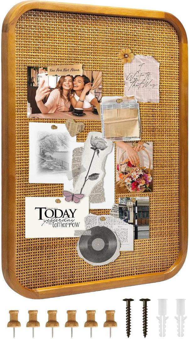 20" x 30" Bulletin Board, Round-Edged Rectangle Cork BoardWooden Frame with Boho Style Rattan Wall Organizer,5075Teng