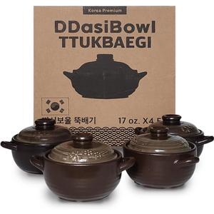 4-Pack Korean Clay Pots (17oz / 500ml) with Lids & Handles  Ttukbaegi Stone Bowls for Cooking Bibimbap, Donabe Style Korean Clay Cookware  Oven & Stovetop Safe