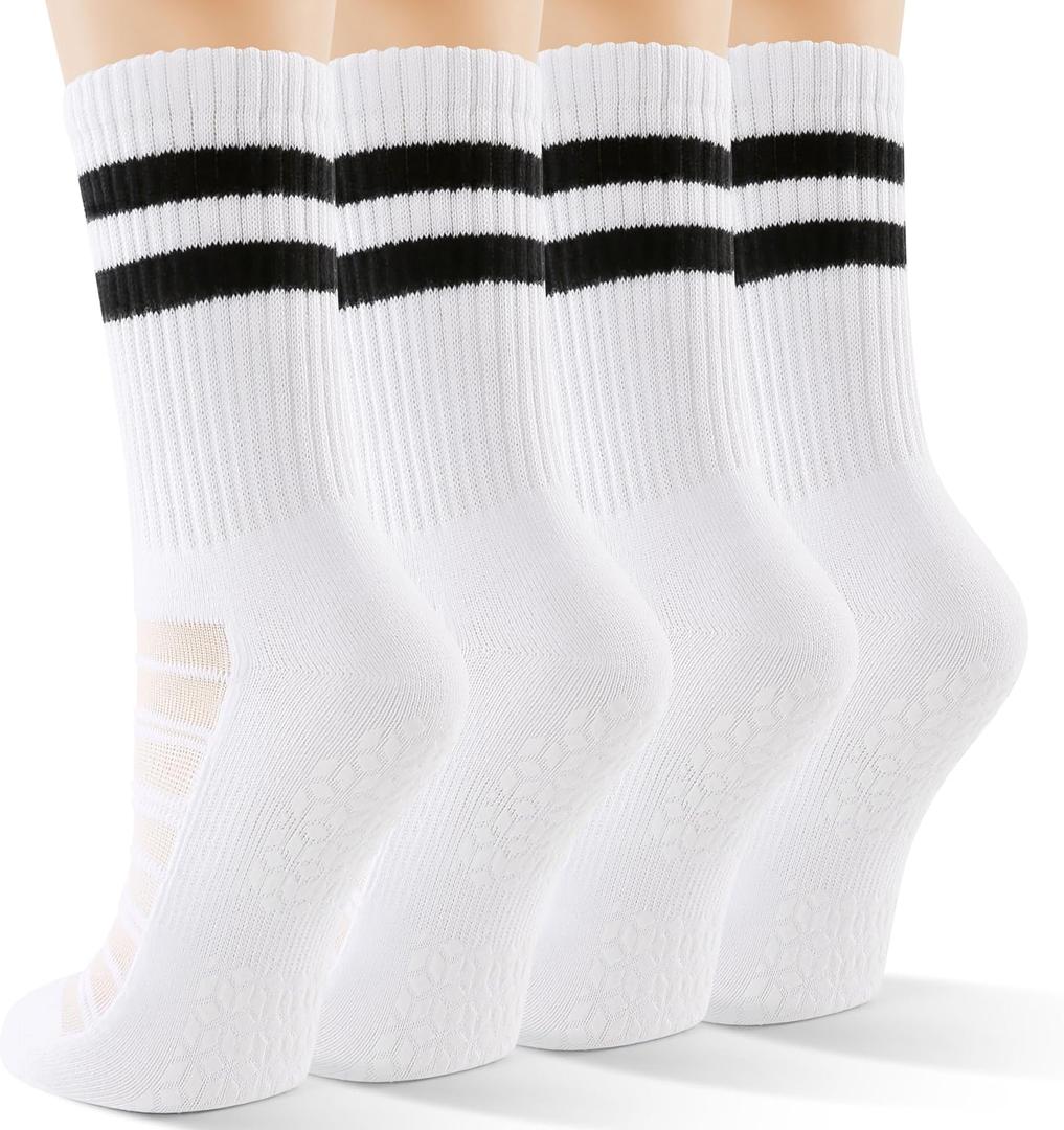 CS CELERSPORT Pilates Socks for Women, 4 Pairs Yoga Crew Non Slip Grip Socks for Barre Hospital Gym (M)