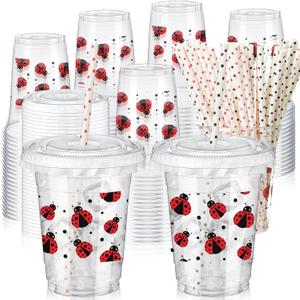 FoldTier 50 Pcs 12 oz Ladybug Disposable Plastic Cups with Straws, Lids and Leakproof Paper Clear Cups Birthday Party Supplies Birthday Table Decorations