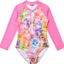 Jxstar Girls Rash Guard One Piece Mermaid/Unicorn Swimsuit Swimwear UPF 50+ UV (10-11 Years, Cat)