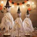 Halloween decor indoor Ghosts Aunics Set of 3 Cute Ghost Figurines with Witch Hats on Wood Base Spooky Halloween Decorations for Table Centerpieces Shelf Mantel Rustic Vintage Home Decor kitchen party
