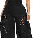 Mandonce 2 Piece Sets for Women Off Shoulder Lace Tube Top and Lace Flowy Wide Leg Pants Beach Vacation Sexy Outfit Going Out (Black, XL)