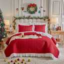 Christmas Quilt Set Ruffled Quilt Set King Size - 3 Pieces Red Shabby Chic Farmhouse with White Ruffle Bedding Holiday Style Oversized Bedspread with Shams for New Year (King-96*108)