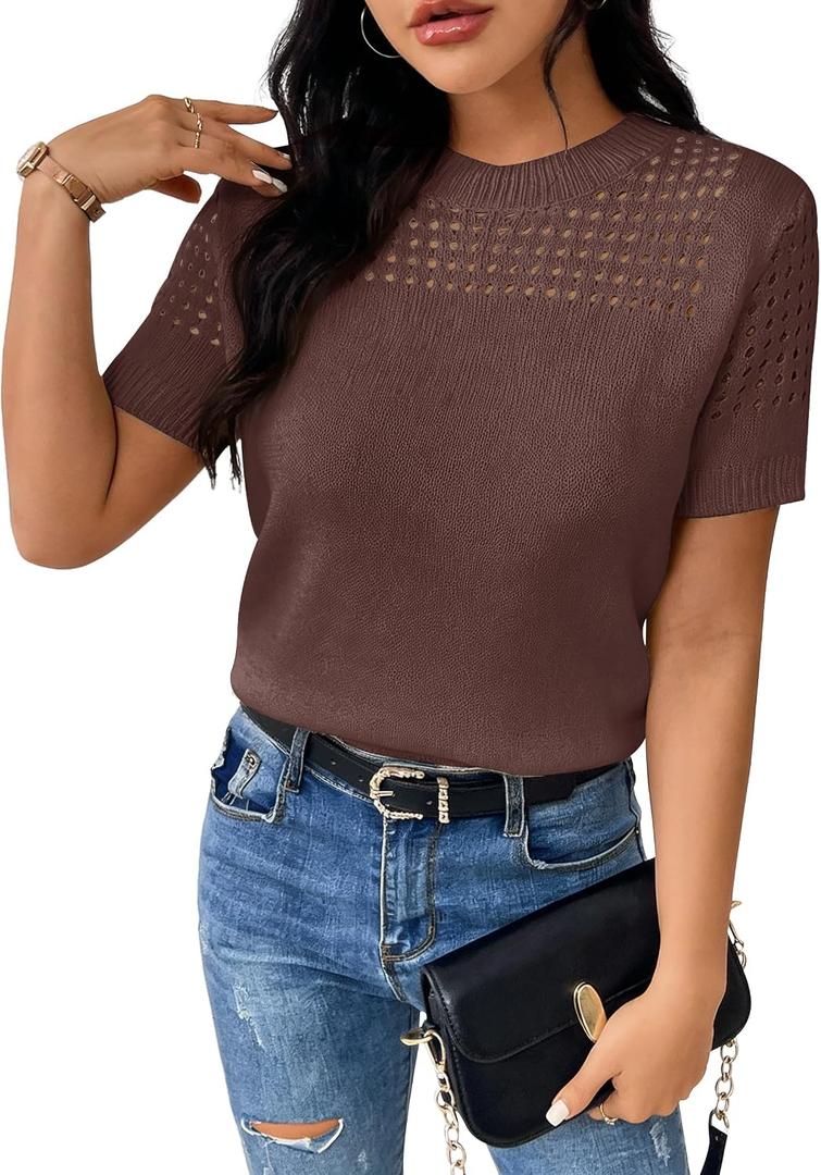 RICHSTORY Womens Spring Fashion 2026 Casual Crewneck Short Sleeve Sweater Soft Lightweight Hollow Out Knit Tunic Blouse Summer Sweater for Women Coffee Large