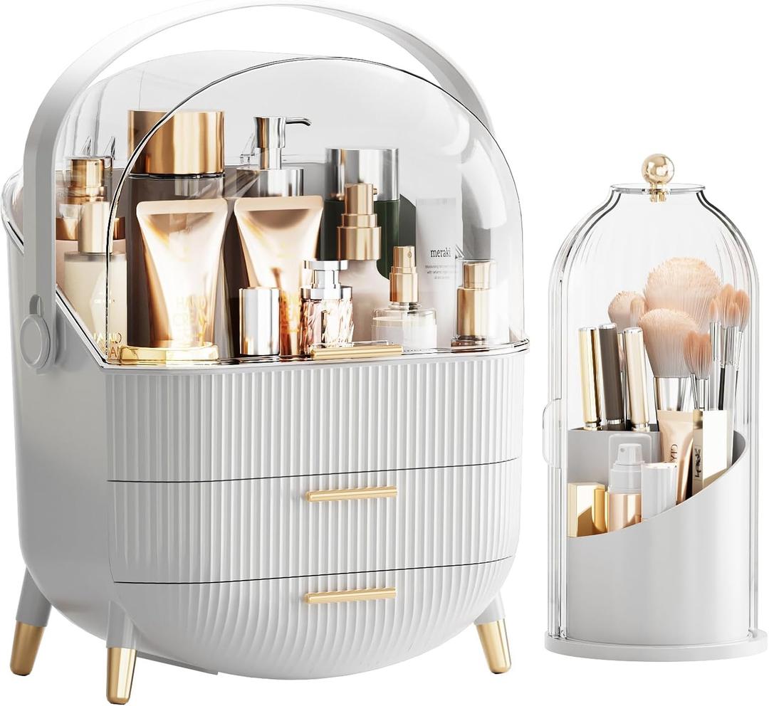 Makeup Organizers Countertop, Makeup organization for Vanity, Cosmetic Storage with Lid and Drawers, Skincare Display Cases with for Desktop, Bathroom (White)