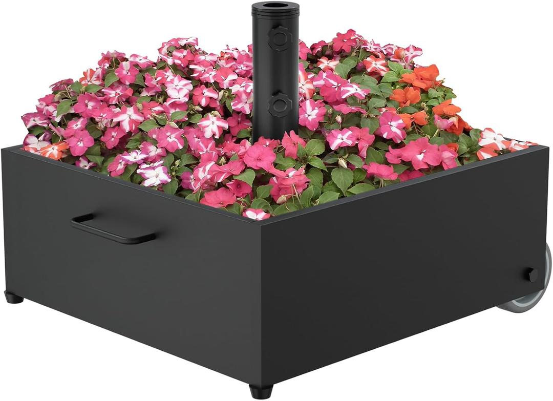 Heavy-Duty Umbrella Base with Wheels,150lb Capacity Fillable Planter Umbrella Stand, Rust-proof Steel Umbrella Holder with Handle & Anti-Collapse Pads, for Outdoor, Patio, Garden, Deck, Poolside, Lawn (Black)