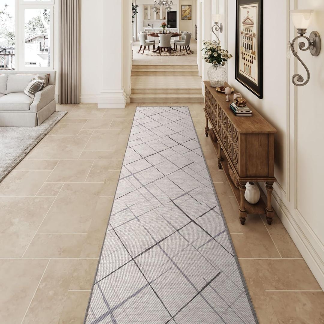 Runners for Hallways Kitchen Runner Rug Non Slip 2x10 Long Washable Runner Rugs No Pile Tear and Stain Resistance, Hand Woven Style Thin Rug for Hallways, Kitchen, Laundry, Bathroom- White