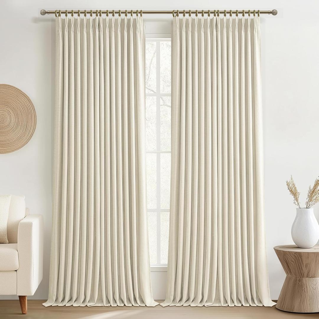 Extra Long 120 Inch Blackout High Ceiling Curtains for Living Room 2 Panel Set, Memory Trained Pinch Pleated Ivory Beige Two Layer Linen Soundproof Heat Blocking Boho Windows Curtain 10FT Length Cream