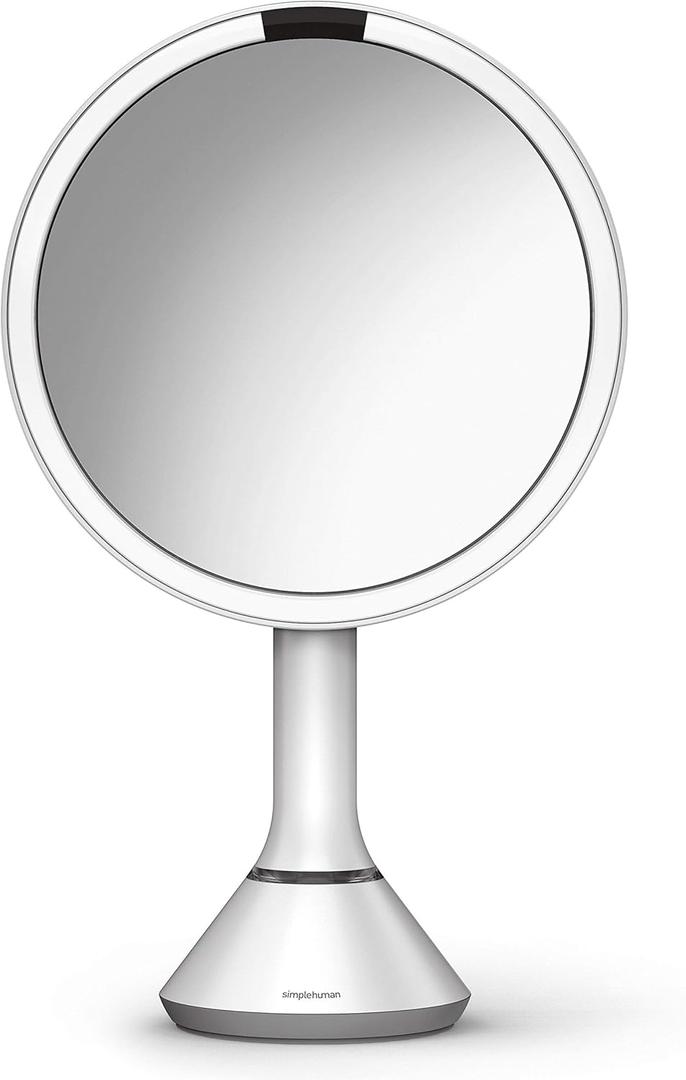 simplehuman 8" Round Sensor Makeup Mirror with Touch-Control Brightness, 5X Magnification, Rechargeable and Cordless, White Stainless Steel