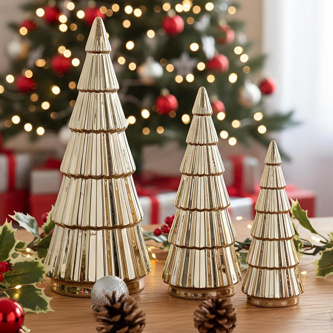 Wesiti 3 Pieces Gold Ceramic Christmas Tree Figurines Tabletop Small Decorative Xmas Tree Desktop 6.3" & 8.1" & 10.2" Tall Holiday Table Centerpieces for Office Home Mantle Shelf Cabinet Decor Indoor
