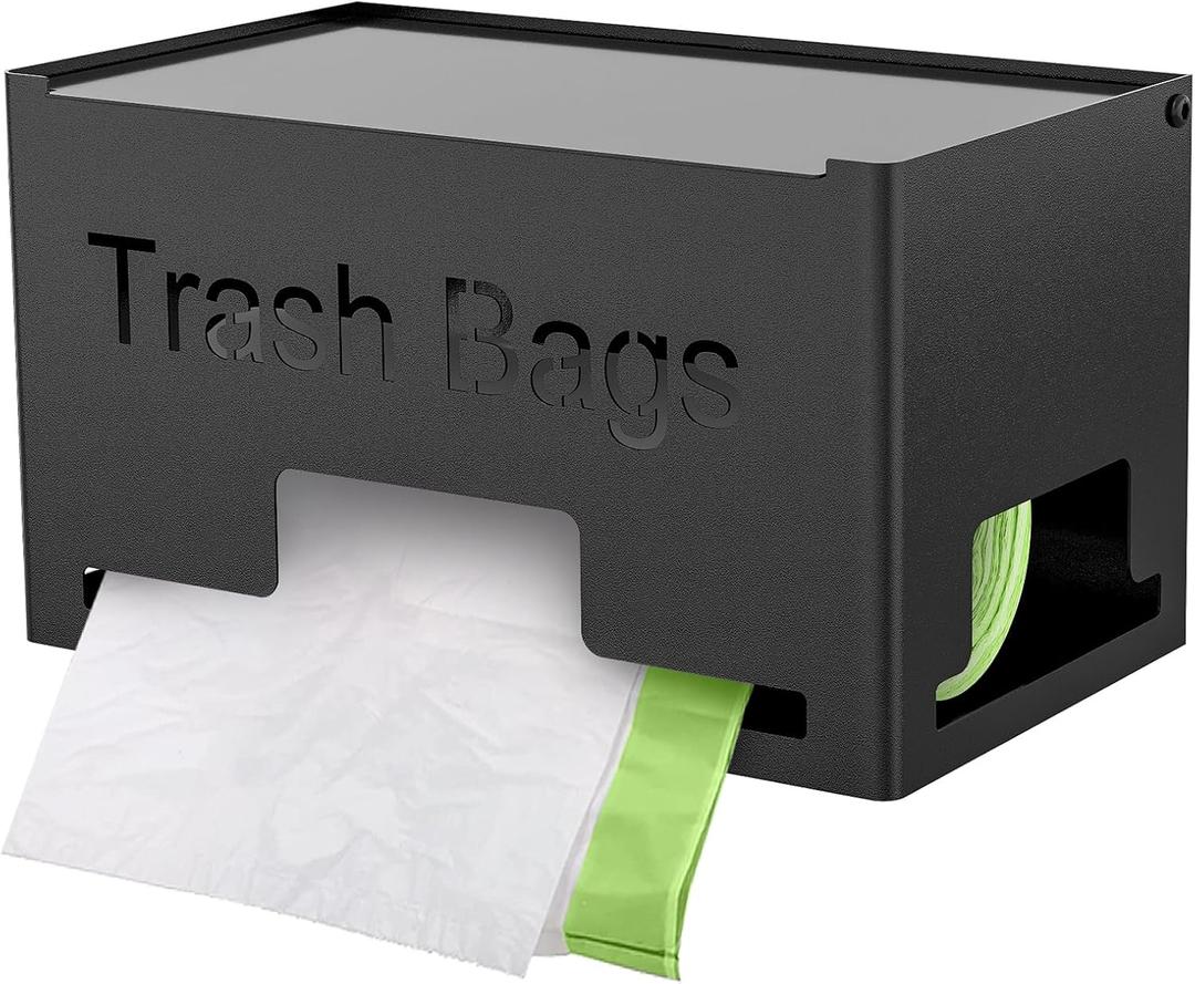 Trash Bag Holder, Metal Trash Bag Dispenser Roll Holder, Kitchen Trash Bag Organizer for Cabinet, Countertop, Wall Mounted or Freestanding, Black (Small (8.98"x5.1"x5"))