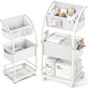VBABY Diaper Caddy Organizer Cart, 3 Tier Rolling Storage Cart with Wheels, Bedside Cart for Baby Essentials Supplies, Diaper Cart for Nursery, White