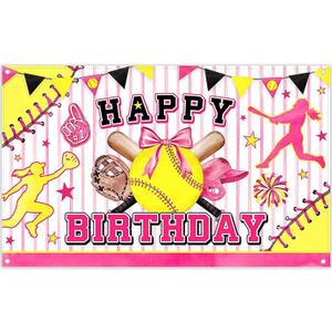 72x43inch Pink Softball Happy Birthday Backdrop Watercolor Bowler Yellow Star Sports Themed Photography Background Girls Kids Teens Party Decoration Photo Props
