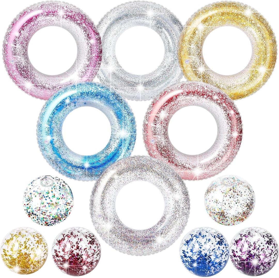 12 Pcs Pool Floats with Beach Balls 35'' Inflatable Clear Glitter Pool Float Tube Glitter Beach Ball Summer Beachs Pools Tubes Floaties Ring Party Toy for Kid Adult Toddler (Stylish), 33.46 inches