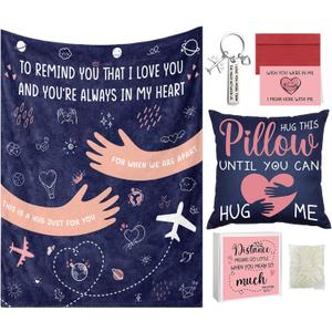 Frienda 7 Pcs Valentine's Day Long Distance Relationship Gifts for Her He Couple Long Distance Blanket Keychain Love Pillow Cover Card Envelope and Box for Girlfriend Women Boyfriend Valentine's Gifts