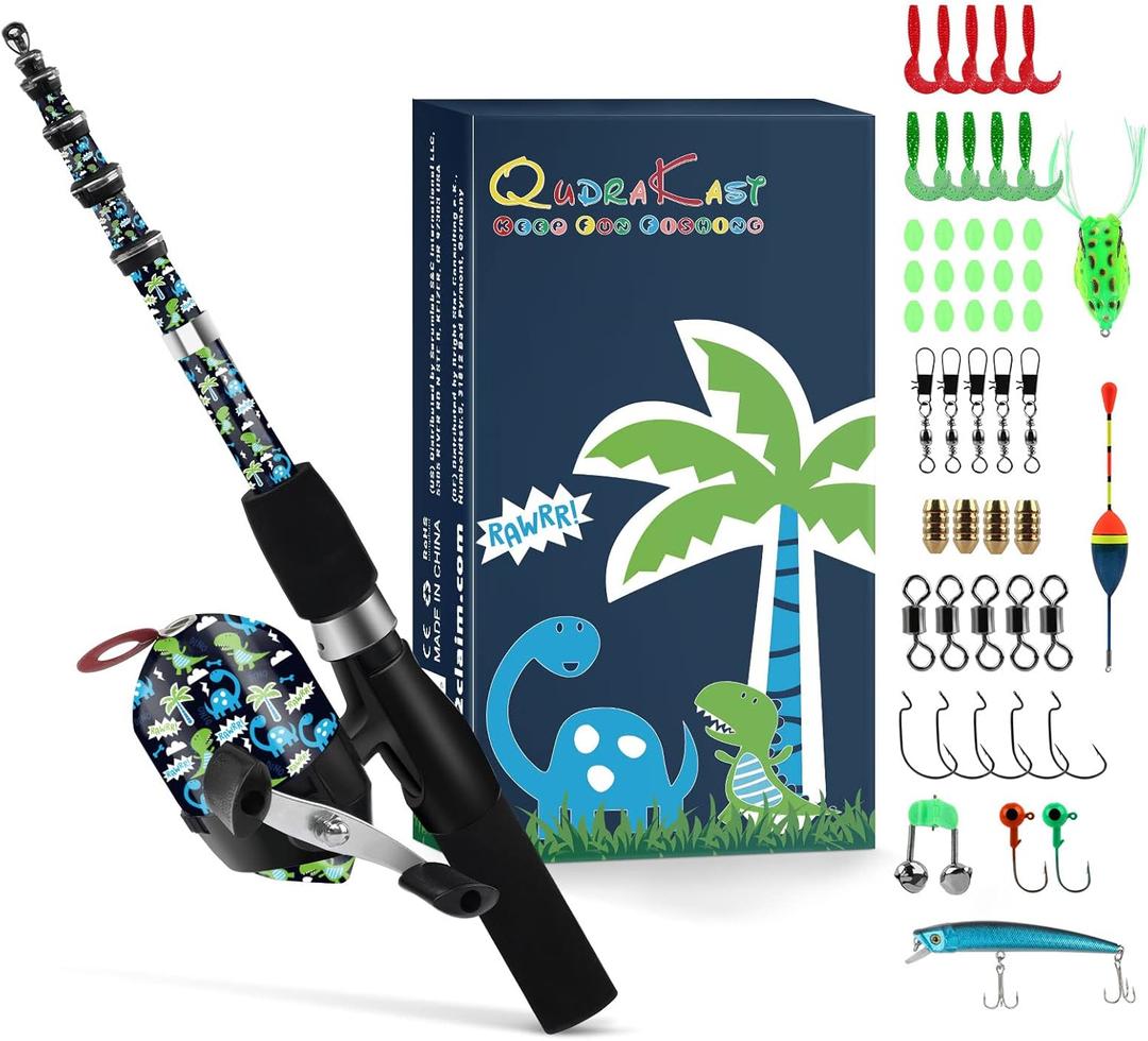 QudraKast Kids Fishing Pole (1.4M 4.59FT, B-RAWRR Dinosaur Set)