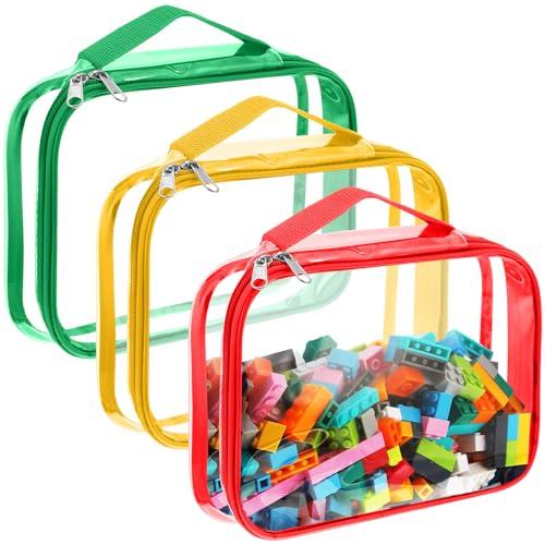 Sanwuta 3 Packs Toy Storage Bags with Zipper, Clear PVC Organizing Waterproof Toy Bags for Board Games, Building Blocks, and Kids Books(12.6 x 9 x 2.36 Inch, Red, Yellow, Green)