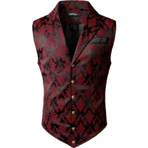VATPAVE Mens Victorian Suit Vest Steampunk Gothic Waistcoat (Small, Black Red)