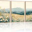 3 Pcs Framed Mountain Wildflower Wall Art Triptych Natural Landscape Canvas Prints Large Farmhouse Daisy Poster Botanical Picture Painting for Living Room Bedroom Decor 12x16IN Mountain Landscape