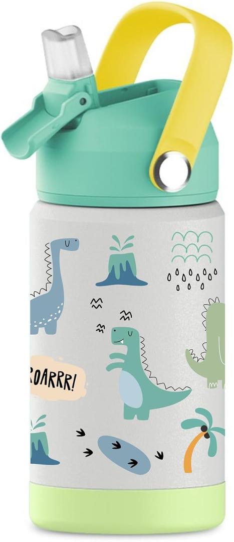 Hippypotamus Kids Water Bottle - Stainless Steel Vacuum Insulated -12 oz - Leak Proof Straw Lid & Soft Spout For Toddlers & Kids (Green Dinosaur)