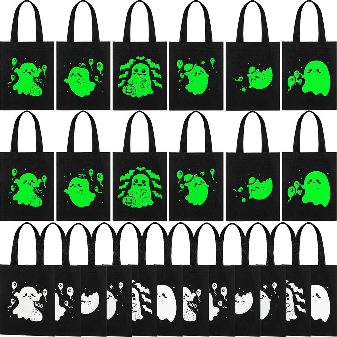 SilTriangle 24 Pack Luminous Halloween Non Woven Tote Bags, 7.9 x 9.8 in Light up Trick or Treat Goodies Bags, Reusable Halloween Candy Gift Tote with Handles for Party Favor Supplies(Ghost Style)