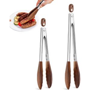 Wooden Tongs for Cooking & Serving Food, Stainless Steel Salad Tongs with Walnut Wood Tip, Anti-Slip Long Handle Wooden Kitchen Tongs Heat Resistant, Smooth Locking & Hanging Cooking Utensils Set of 2