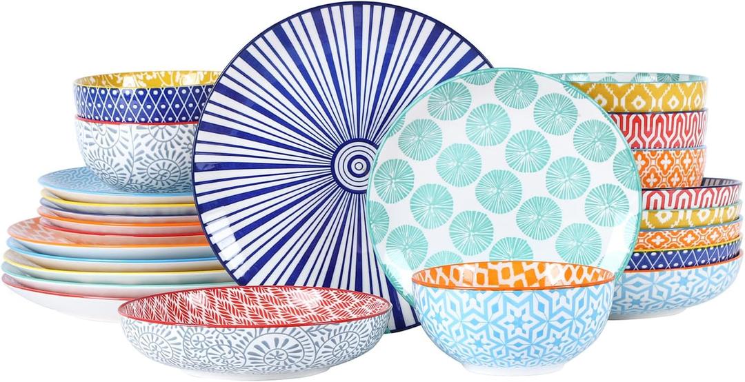 Selamica Ceramic Dinnerware Sets for 6, 24 Piece Plates and Bowls Sets, Highly Chip and Crack Resistant Dishes Set-Dishwasher & Microwave & Oven Safe, Assorted Colors