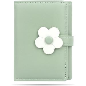 Cute Wallets for Teen Girls, Aesthetic Coquette Trifold Womens Small Wallet with Card Holder ID Window (Green Flower)