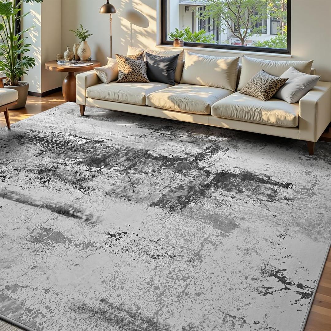 Living Room Rug 7x10 Ink Black Area Rugs Machine Washable Abstract Boho Large Rug Non-Slip Non-Shedding Faux Wool Indoor Vintage Carpet for Bedroom, Classroom, Dining Room, Kids Playroom