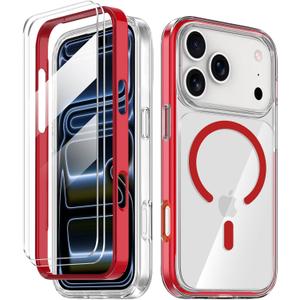 COOLQO for iPhone 17 Pro Max Case with Screen Protectors, Compatible with MagSafe, Military Grade Drop 17 FT Protection, Dual-Layer Classic Hybrid Magnetic Phone Case Cover Bumper, Red (17ProMax_6.9")
