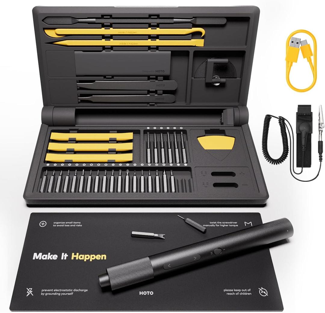 HOTO Precision Screwdriver Set, 110 Upright Workpad, Mini Electric Screwdriver with Charging Dock, 0.05/0.2 Nm Torque, LED Light, 26 Bits and 10 Repair Tools for Electronics, Phones, Laptops