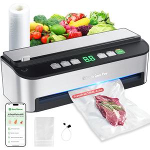 PressFree TRUE-Auto Vacuum Sealer Machine, Beelicious 85KPA Fully Automatic 8-IN-1 Food Sealer with Bags Storage, Build-in Cutter, Moist Mode and Air Suction Hose | Digital Countdown | Sous Vide (A-Stainless Steel)